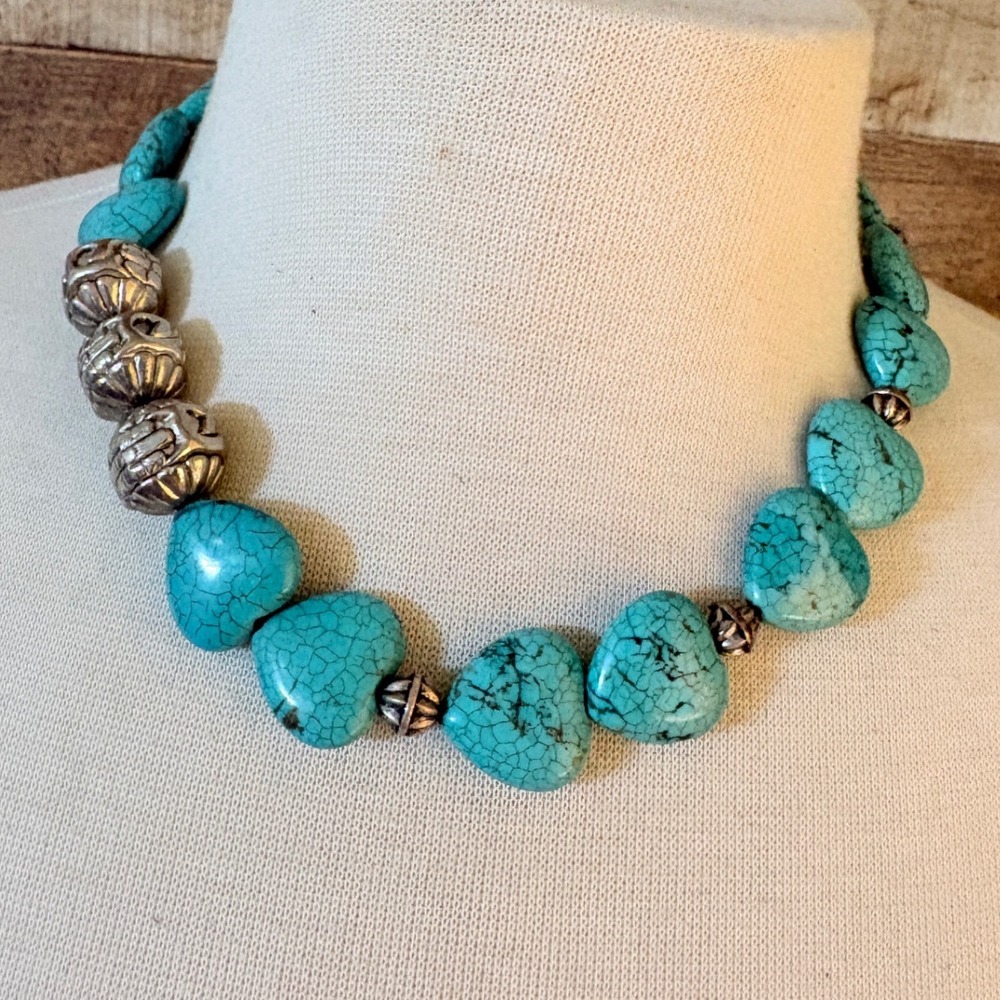Southwestern Faux Turquoise Heart Bead Necklace Silver Cross Charms Toggle Clasp